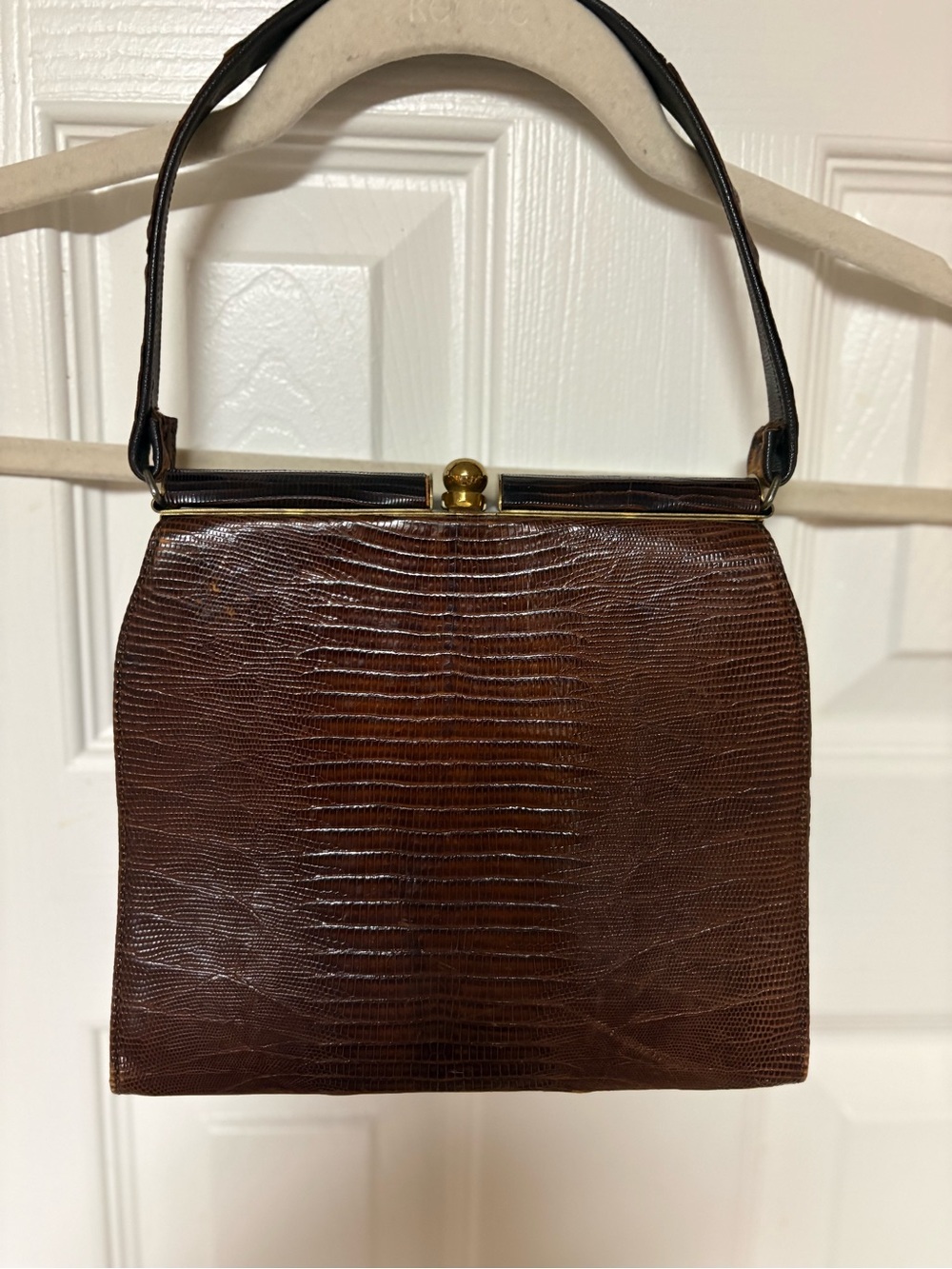 Vintage Madwed Brown Genuine Lizard Skin Top Handle Frame Handbag 50s